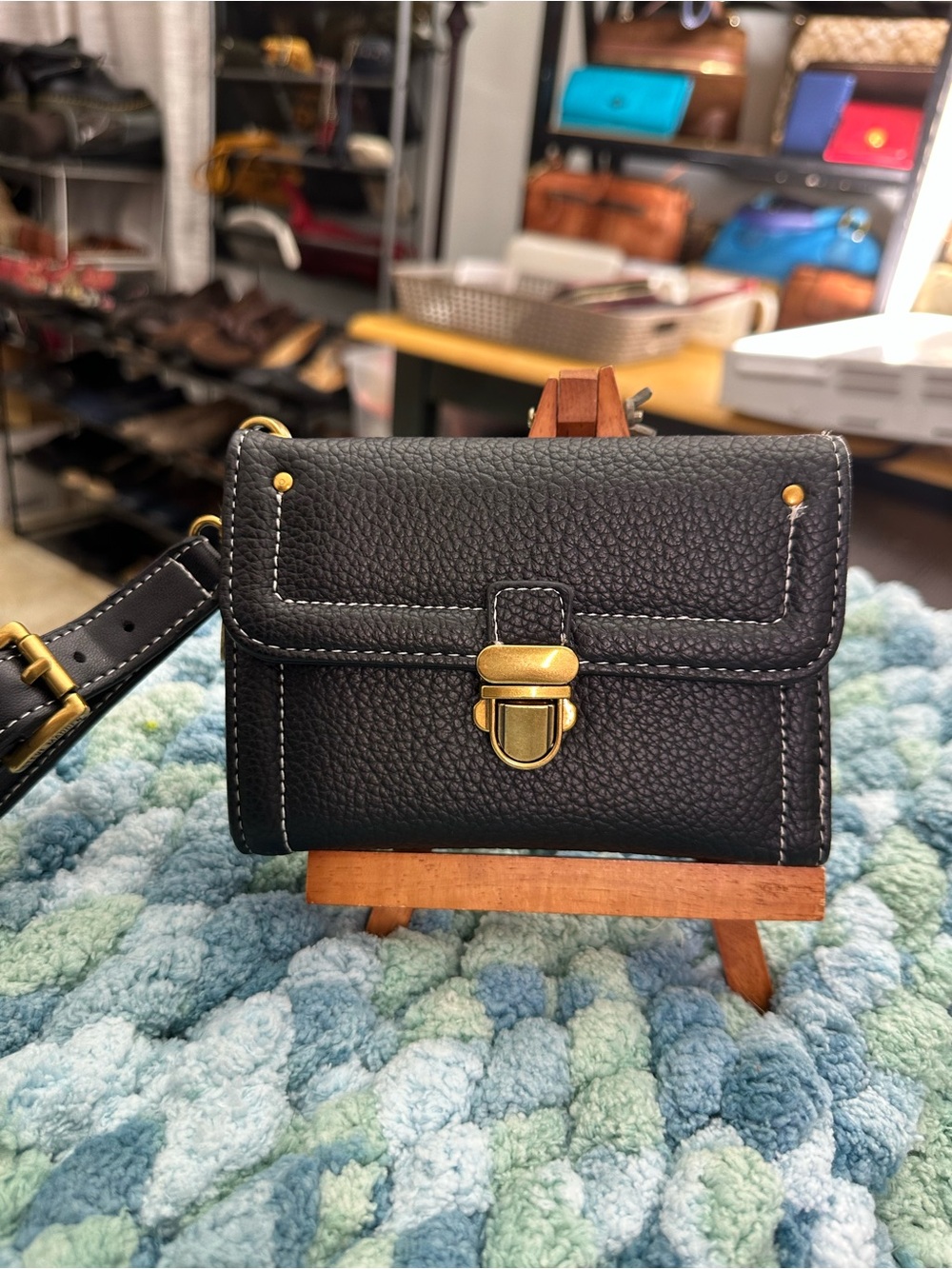 Black Pebbled Leather Crossbody Bag with Gold Hardware